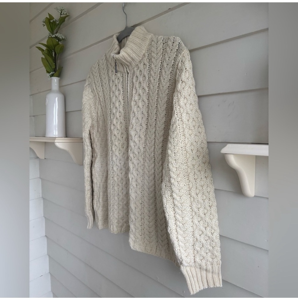 Inis Crafts 100% Merino Wool Irish Aran Zip Sweater | Cream | Medium - Picture 6 of 6